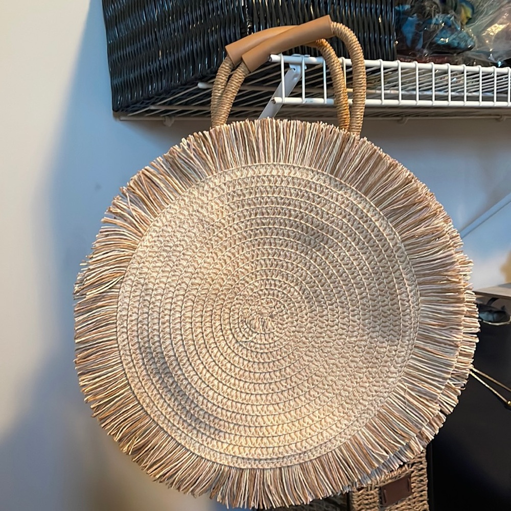 Woven Straw Round Purse with Fringe